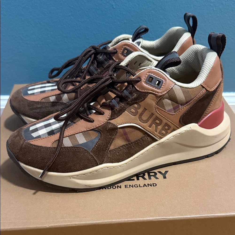 Burberry Brown and Tan Check Mixed-Material Sneakers